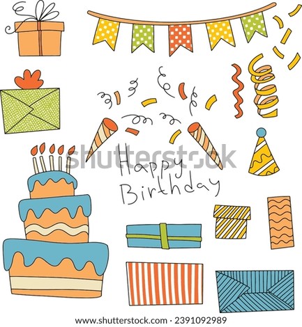 Set of attributes for kids party with decor, food and lettering phrases. Editable vector illustration