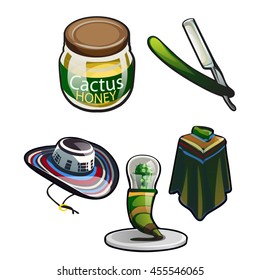 The set of attributes of Mexicans and items on the subject of cacti isolated on a white background. Vector cartoon close-up illustration.