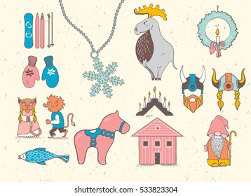 Set of attributes of Scandinavian countries.Set with elements of symbols of Sweden, Denmark, Iceland, Norway: gnome, snowflake, helmet, wooden house, mittens, red wooden horse, salmon, candle, troll ,