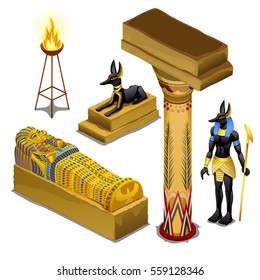 Set of attributes and symbols of the theme of ancient Egypt isolated on white background. Golden figurine in the shape of the sarcophagus of Pharaoh, sacred animals, fire torch. Vector illustration.