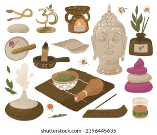 A set of attributes and tools for Buddhist ritual. Items to create an atmosphere of relaxation and balance. Vector illustrations for stickers and cards. Objects isolated on a white background. 