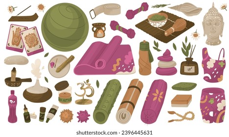 A set of attributes and tools for yoga. Items to create an atmosphere of relaxation and balance. Vector illustrations for stickers and cards. Objects isolated on a white background. 