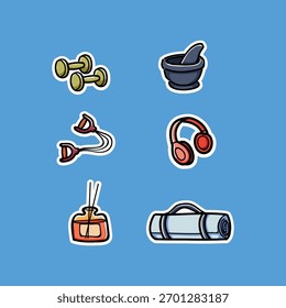 Um conjunto de atributos e ferramentas para ioga. Itens para criar uma atmosfera de relaxamento e equilíbrio. Ilustrações vetoriais para adesivos e cartões. Objetos isolados em um fundo azul.