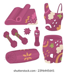 A set of attributes and tools for yoga. A lifestyle filled with energy. Training suit. Vector illustrations for stickers and cards. Objects isolated on a white background.