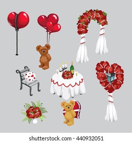 The set of attributes of the wedding and the day of all enamoured. Teddy bear with balloons in the shape of a heart, the arch of roses. A street lamp adorned with a wreath of roses in form of heart.