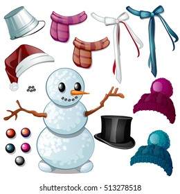 The set of attributes of winter and Christmas holiday isolated on white background. Snowman, knitted hats, scarves, and aluminum bucket. Vector cartoon close-up illustration.