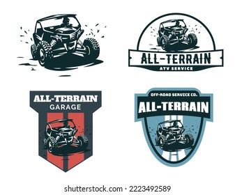 Set von ATV-Logo, Emblemen, Abzeichen und Symbolen. Geländefahrzeug-Geländeausstattungselemente. ATV Quad in Schlamm mit dem Fahrer.