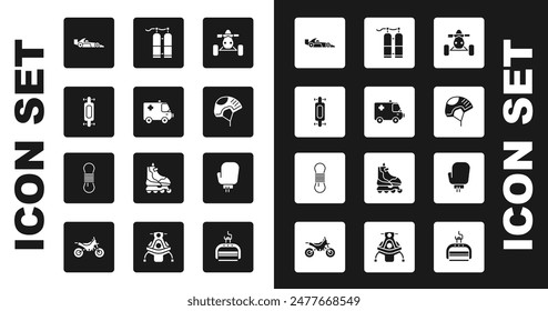 Set ATV motorcycle, Ambulance and emergency car, Longboard skateboard, Formula 1 racing, Helmet, Aqualung, Boxing glove and Climber rope icon. Vector