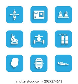 Set ATV motorcycle, Rafting boat, Formula 1 racing car, Aqualung, Boxing glove, Skates, Snowboard and Kayak canoe icon. Vector