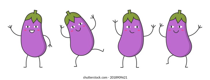 Set aubergine character cartoon eggplant dancing face smiling happy emotions icon logo vector illustration.