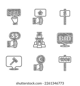 Coloca el florero antiguo de la subasta, la pala de la remate de la mano, la puja, el martillo y la etiqueta de precio con el icono de venta. Vector