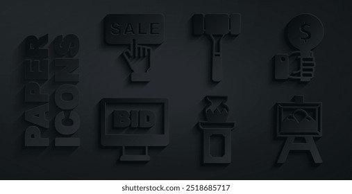 Set Auction ancient vase, Hand holding auction paddle, Online, painting, hammer and Price tag with Sale icon. Vector
