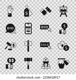 Set Auction ancient vase, jewelry sale, Hand holding auction paddle, hammer, Online, Bid,  and  icon. Vector