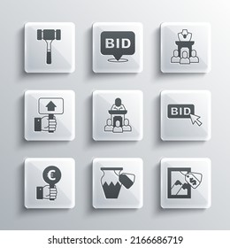 Set Auction ancient vase, painting, Bid, auctioneer sells, Hand holding paddle, hammer and jewelry sale icon. Vector