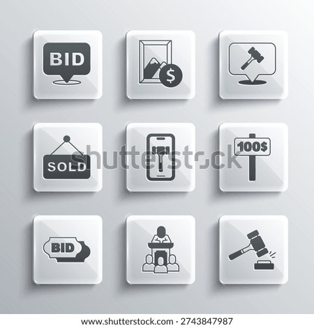 Set Auction auctioneer sells, hammer, Hand holding paddle, Online, Bid, sold,  and  icon. Vector