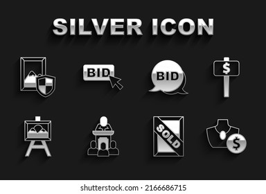 Set Auction auctioneer sells, Hand holding paddle, jewelry sale, painting sold, Bid,  and  icon. Vector