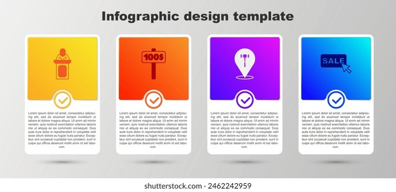 El subastador vende, paleta de mano que sostiene, martillo y etiqueta de Precio con venta. Plantilla de infografía de negocios. Vector