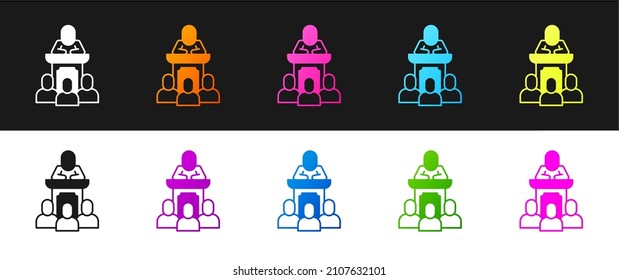 Set Auction auctioneer sells icon isolated on black and white background. Auction business, bid and sale.  Vector