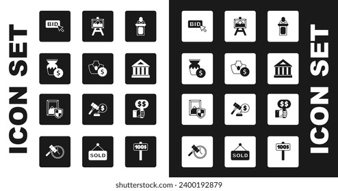 Set Auction auctioneer sells, jewelry sale, ancient vase, Bid, Museum building, painting, Hand holding paddle and  icon. Vector