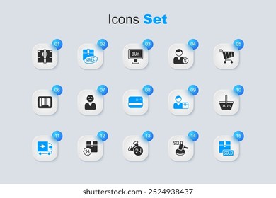 Set Auction hammer, Angry customer, Cardboard box with free symbol, Delivery cargo truck, Sold, Shopping basket, Stacks paper money cash and Credit card icon. Vector