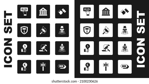Set Auction hammer, Bid, ancient vase, Museum building, auctioneer sells and Hand holding paddle icon. Vector