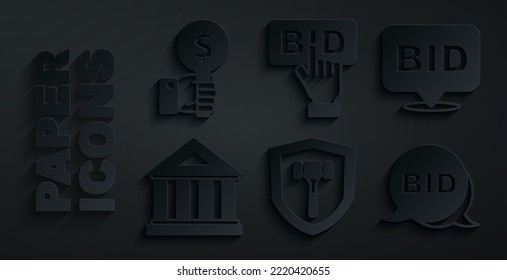 Set Auction hammer, Bid, Museum building,  and Hand holding auction paddle icon. Vector