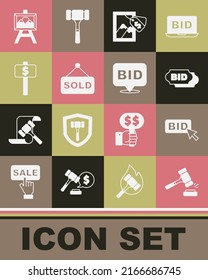 Set Auction hammer, Bid, painting, sold, Hand holding auction paddle,  and  icon. Vector