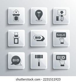 Set Auction hammer, Bid, Price tag with Sale, ancient vase, jewelry sale and Hand holding auction paddle icon. Vector