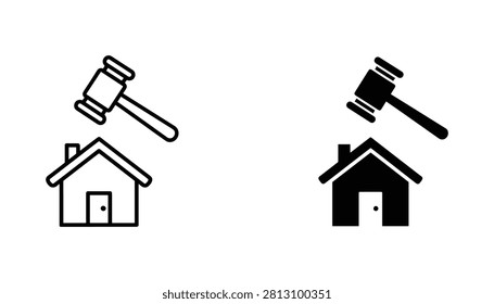 A set of auction hammer and house icons illustrating property legal proceedings, real estate foreclosure, and court-ordered home sales for professional business concepts.