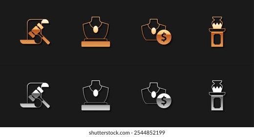 Set Auction hammer, jewelry sale,  and ancient vase icon. Vector