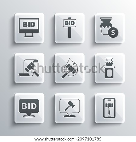 Set Auction hammer, Online auction, ancient vase, Bid,  and  icon. Vector