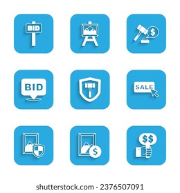 Set Auction hammer, painting, Hand holding auction paddle, Price tag with Sale, Bid, price and  icon. Vector