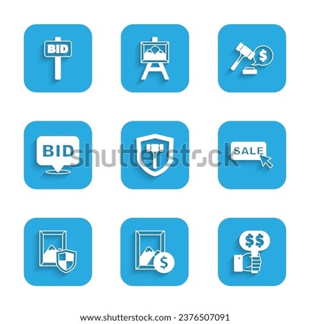 Set Auction hammer, painting, Hand holding auction paddle, Price tag with Sale, Bid, price and  icon. Vector