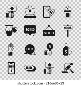 Set Auction hammer, Price tag with Sale, Hand holding auction paddle, Online, Bid, ancient vase,  and sold icon. Vector