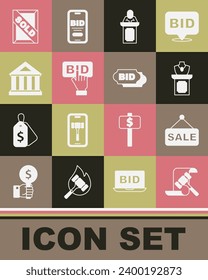 Set Auction hammer, Price tag with Sale, jewelry sale, auctioneer sells, Bid, Museum building, painting sold and  icon. Vector