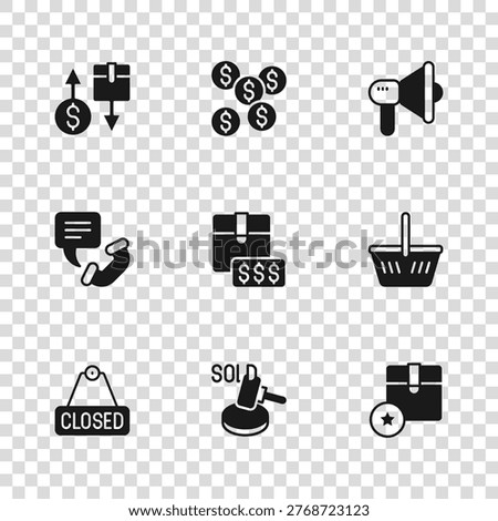 Set Auction hammer, Shopping basket, Carton cardboard box, Item price tag with dollar, Megaphone, Tax, Dollar symbol and Telephone 24 hours support icon. Vector