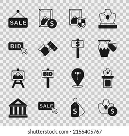Set Auction jewelry sale, ancient vase, painting, hammer, Bid, Price tag with Sale and Hand holding auction paddle icon. Vector