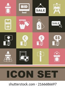 Set Auction jewelry sale, Hand holding auction paddle, Price tag with Sale, ancient vase, Online, auctioneer sells and  icon. Vector