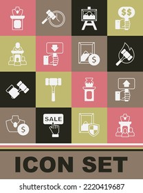 Set Auction jewelry sale, Hand holding auction paddle, hammer, painting, auctioneer sells,  and  icon. Vector