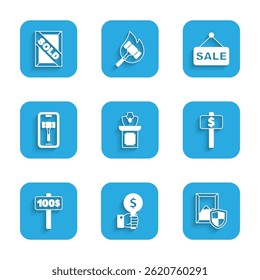 Set Auction jewelry sale, Hand holding auction paddle, painting, Online, Price tag with Sale and sold icon. Vector