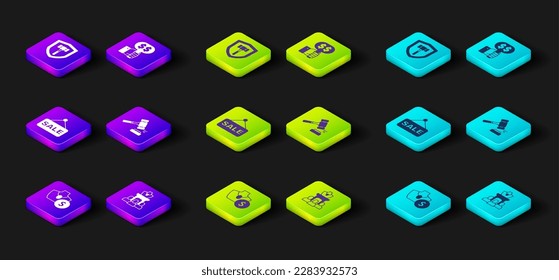 Set Auction jewelry sale, Price tag with Sale, hammer, Hand holding auction paddle and  icon. Vector