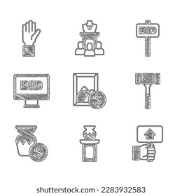 Set Auction painting, ancient vase, Hand holding auction paddle, hammer, Online,  and  icon. Vector
