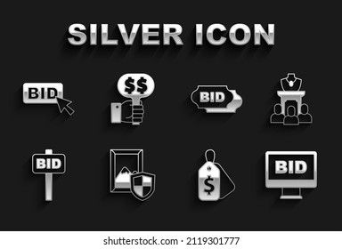 Set Auction painting, jewelry sale, Online auction, Price tag with Sale, Hand holding paddle, Bid,  and  icon. Vector