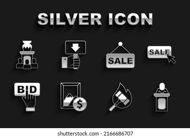 Set Auction painting, Price tag with Sale, auctioneer sells, hammer, Bid, ancient vase and Hand holding paddle icon. Vector