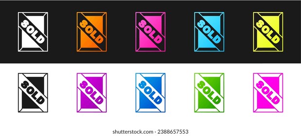 Set Auction painting sold icon isolated on black and white background. Auction bidding. Sale and buyers.  Vector