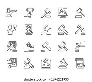 Set von Auktionen verwandte Vektorillustration Linie Symbole. Enthält Symbole wie Ausschreibungen, Transaktionen, Verkauf, Hammer und mehr. - Vektorillustration.