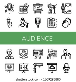 Set of audience icons. Such as Microphone, Demographic, Singer, Presentation, Training, Applause, Instructor, Class 
