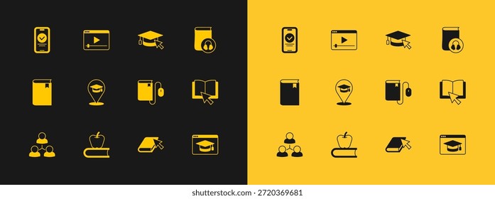 Set Audio book, Book with apple, Electronic mouse, Online, education, Graduation cap cursor, quiz, test, survey and play video icon. Vector