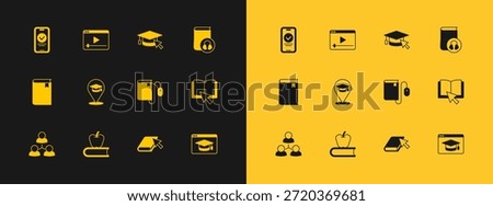 Set Audio book, Book with apple, Electronic mouse, Online, education, Graduation cap cursor, quiz, test, survey and play video icon. Vector