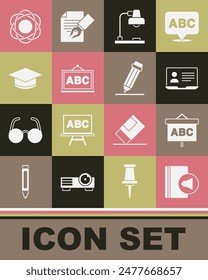 Set Audio book, Chalkboard, Online class, Table lamp, Graduation cap, Atom and Pencil with eraser icon. Vector